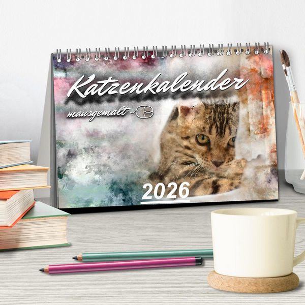 Produktbild: Katzenkalender mausgemalt (Tischkalender 2026 DIN A5 quer), CALVENDO Monatskalender