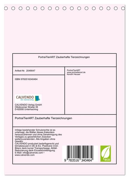 Produktbild: PortraiTierART Zauberhafte Tierzeichnungen (Tischkalender 2026 DIN A5 hoch), CALVENDO Monatskalender
