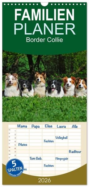 Produktbild: Familienplaner 2026 - Border Collie 2026 mit 5 Spalten (Wandkalender, 21 x 45 cm) CALVENDO