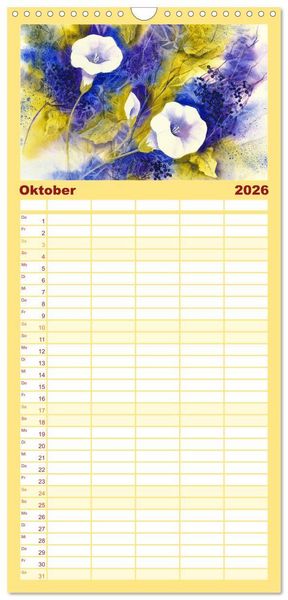 Produktbild: Familienplaner 2026 - Blumenaquarelle aus der N&auml;he mit 5 Spalten (Wandkalender, 21 x 45 cm) CALVENDO