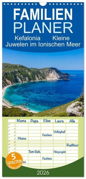 Produktbild: Familienplaner 2026 - Kefalonia Kleine Juwelen im Ionischen Meer mit 5 Spalten (Wandkalender, 21 x 45 cm) CALVENDO