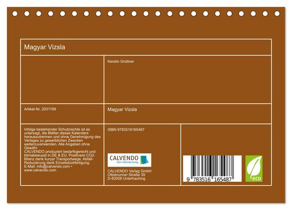Produktbild: Magyar Vizsla (Tischkalender 2026 DIN A5 quer), CALVENDO Monatskalender