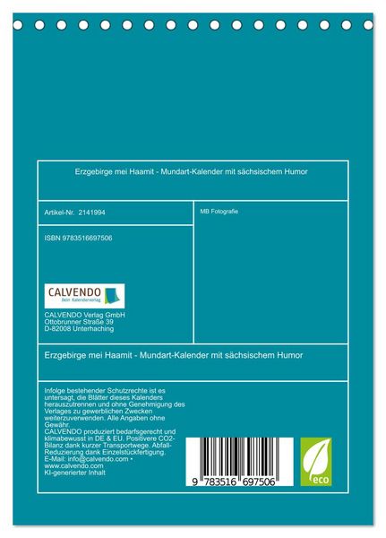 Produktbild: Erzgebirge mei Haamit - Mundart-Kalender mit s&auml;chsischem Humor (Tischkalender 2026 DIN A5 hoch), CALVENDO Monatskalender