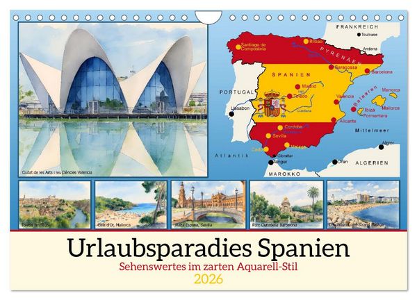 Produktbild: Urlaubsparadies Spanien (Wandkalender 2026 DIN A4 quer), CALVENDO Monatskalender