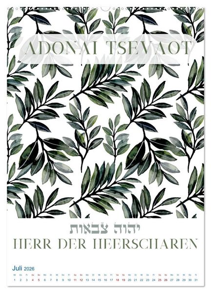 Produktbild: Hebr&auml;ische Namen Gottes aus der Torah (Wandkalender 2026 DIN A2 hoch), CALVENDO Monatskalender