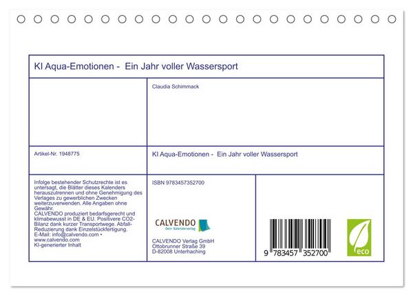 Produktbild: KI Aqua-Emotionen - Ein Jahr voller Wassersport (Tischkalender 2026 DIN A5 quer), CALVENDO Monatskalender