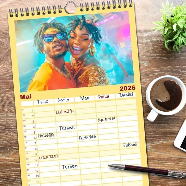 Produktbild: Familienplaner 2026 - Feiern und Musik - Beschwingt dabei mit 5 Spalten (Wandkalender, 21 x 45 cm) CALVENDO