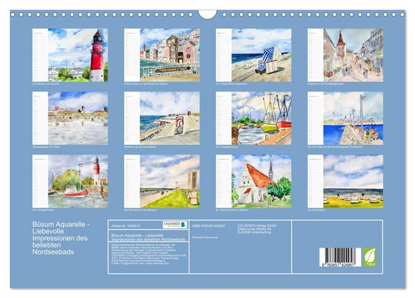 Produktbild: B&uuml;sum Aquarelle - Liebevolle Impressionen des beliebten Nordseebads (Wandkalender 2026 DIN A3 quer), CALVENDO Monatskalender