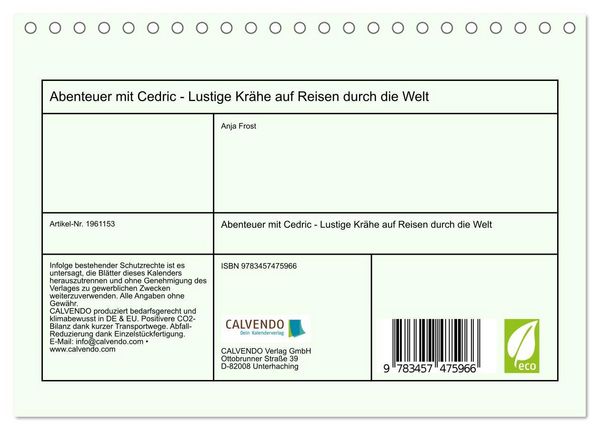 Produktbild: Abenteuer mit Cedric - Lustige Kr&auml;he auf Reisen durch die Welt (Tischkalender 2026 DIN A5 quer), CALVENDO Monatskalender