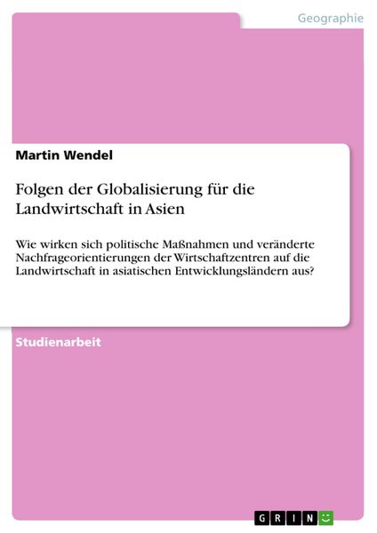 Produktbild: Folgen der Globalisierung f&uuml;r die Landwirtschaft in Asien