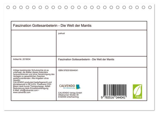 Produktbild: Faszination Gottesanbeterin - Die Welt der Mantis (Tischkalender 2026 DIN A5 quer), CALVENDO Monatskalender