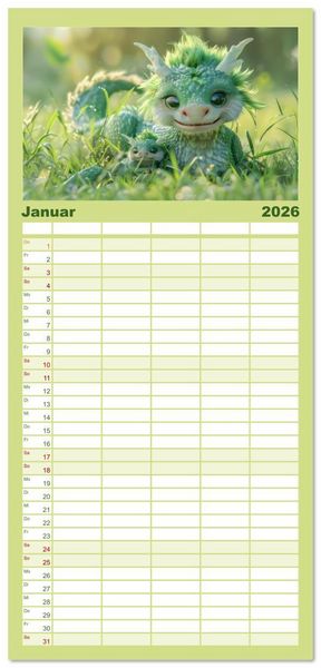 Produktbild: Familienplaner 2026 - Drachen - Verspielt und fluffig mit 5 Spalten (Wandkalender, 21 x 45 cm) CALVENDO