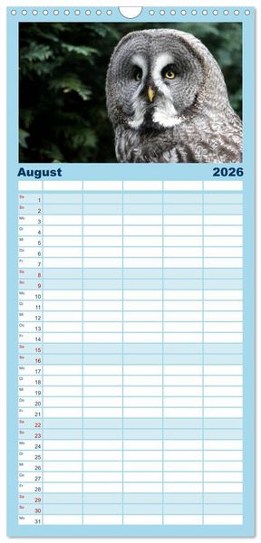 Produktbild: Familienplaner 2026 - Greifv&ouml;gel, Eulen und K&auml;uze mit 5 Spalten (Wandkalender, 21 x 45 cm) CALVENDO