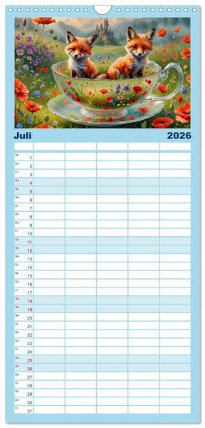 Produktbild: Familienplaner 2026 - Tierische Tee-Parade mit 5 Spalten (Wandkalender, 21 x 45 cm) CALVENDO
