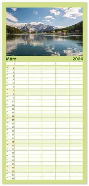 Produktbild: Familienplaner 2026 - Alpensee - Wunder der Natur mit 5 Spalten (Wandkalender, 21 x 45 cm) CALVENDO