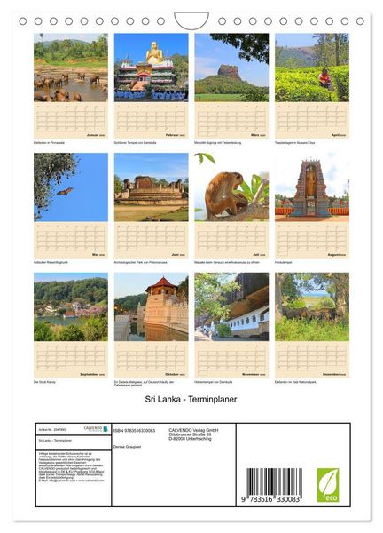 Produktbild: Sri Lanka - Terminplaner (Wandkalender 2026 DIN A4 hoch), CALVENDO Monatskalender