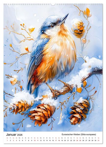 Produktbild: Heimische V&ouml;gel - Singv&ouml;gel zwischen Bl&uuml;ten und Beeren (hochwertiger Premium Wandkalender 2026 DIN A2 hoch), Kunstdruck in Hochglanz