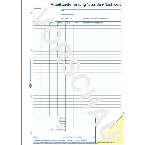 Produktbild: AVERY Zweckform Arbeitszeiterfassung Stundennachweis selbstdurchschreibend DIN A4 2x40 Blatt