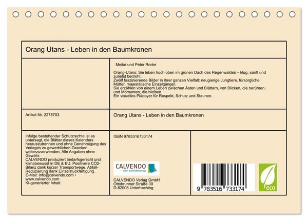Produktbild: Orang Utans - Leben in den Baumkronen (Tischkalender 2026 DIN A5 quer), CALVENDO Monatskalender