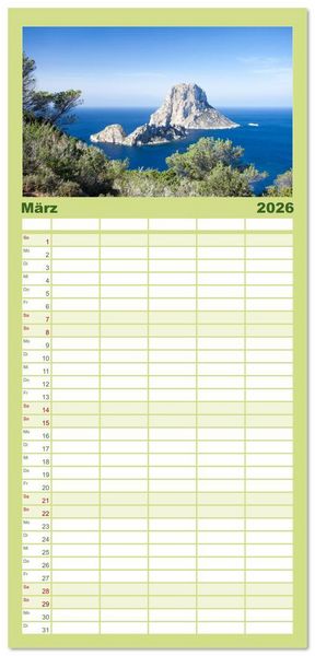 Produktbild: Familienplaner 2026 - Balearen - Mallorca, Menorca, Ibiza und Formentera mit 5 Spalten (Wandkalender, 21 x 45 cm) CALVENDO