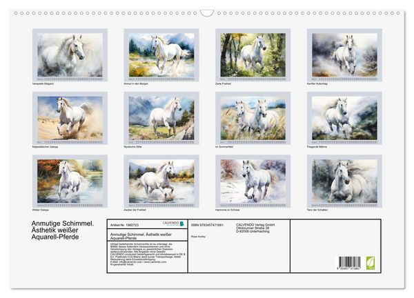 Produktbild: Anmutige Schimmel. &Auml;sthetik wei&szlig;er Aquarell-Pferde (Wandkalender 2026 DIN A2 quer), CALVENDO Monatskalender