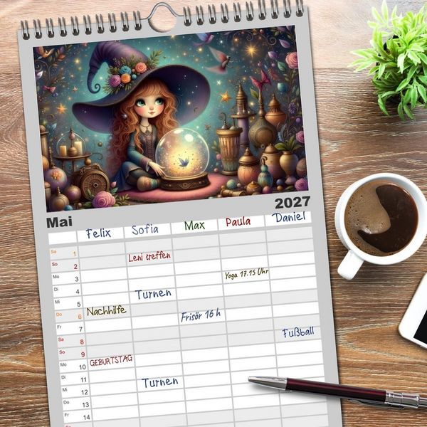 Produktbild: Familienplaner 2027 - Luna, die kleine Zauberhexe mit 5 Spalten (Wandkalender, 21 x 45 cm) CALVENDO