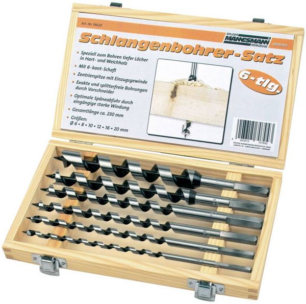 Produktbild: Br&uuml;der Mannesmann M54620 Schlangenbohrer-Set 6teilig 6 mm, 8 mm, 10 mm, 12 mm, 16 mm, 20 mm Gesamtl&auml;nge 230 mm 1 St.