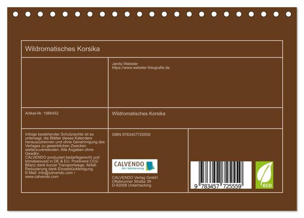 Produktbild: Wildromatisches Korsika (Tischkalender 2026 DIN A5 quer), CALVENDO Monatskalender