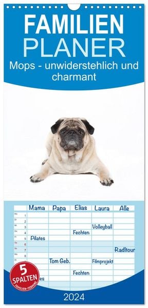 Produktbild: Familienplaner 2026 - Mops - unwiderstehlich und charmant mit 5 Spalten (Wandkalender, 21 x 45 cm) CALVENDO