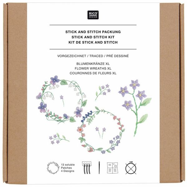 Produktbild: Stick & Stitch Packung, Blumenkr&auml;nze XL // 13 Stk., 4 Designs // Wasserl&ouml;sliche Stickvorlage, Stickgarn, Sticknadel und Anleitung