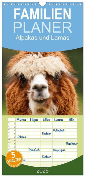 Produktbild: Familienplaner 2026 - Alpakas und Lamas mit 5 Spalten (Wandkalender, 21 x 45 cm) CALVENDO