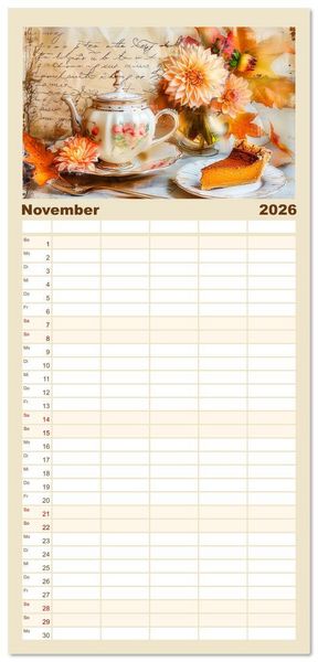 Produktbild: Familienplaner 2026 - Shabby Chic Romantik - Vintage Tassen, Blumen und nostalgische Briefe mit 5 Spalten (Wandkalender, 21 x 45 cm) CALVENDO