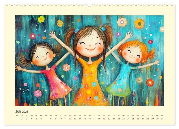 Produktbild: Fr&ouml;hliche Kinder. Bezaubernde Schulm&auml;dchen im &Ouml;lbilder-Stil (hochwertiger Premium Wandkalender 2026 DIN A2 quer), Kunstdruck in Hochglanz