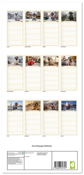Produktbild: Familienplaner 2026 - Eine Mopsige Weltreise mit 5 Spalten (Wandkalender, 21 x 45 cm) CALVENDO