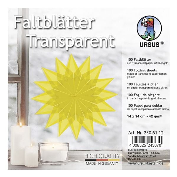 Produktbild: URSUS Falten Transparentpapier-Faltbl&auml;tter, 42 g/m&sup2;, 14 x 14 cm, zitronengelb, 100 Blatt