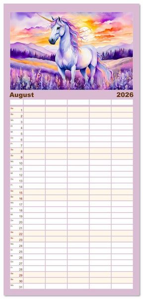 Produktbild: Familienplaner 2026 - Magische Einh&ouml;rner - Traumlandschaften unterm Regenbogen mit 5 Spalten (Wandkalender, 21 x 45 cm) CALVENDO
