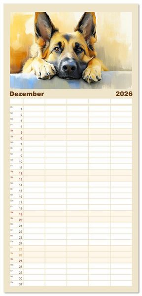 Produktbild: Familienplaner 2026 - Deutsche Sch&auml;ferhunde. Majest&auml;tische W&auml;chter im Aquarell-Stil mit 5 Spalten (Wandkalender, 21 x 45 cm) CALVENDO