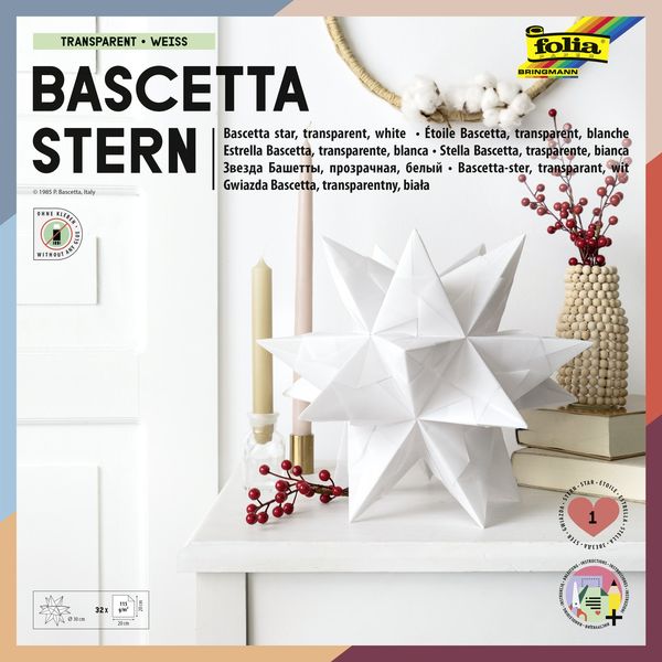 Folia Bascetta-Stern Set, TRANSPARENTPAPIER 115g/m², 20x20cm, 32 Blatt, weiß