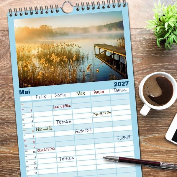 Produktbild: Familienplaner 2027 - Malerische Seenlandschaft mit 5 Spalten (Wandkalender, 21 x 45 cm) CALVENDO