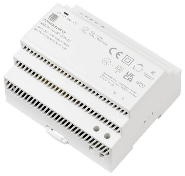 Produktbild: TRU COMPONENTS TC-13710892 Hutschienen-Netzteil (DIN-Rail) Verbrauch (StandBy) 0.3 W 12 V/DC 11.3 A 135.6 W Anzahl Ausg&auml;nge:1 x Inhalt 1 St.