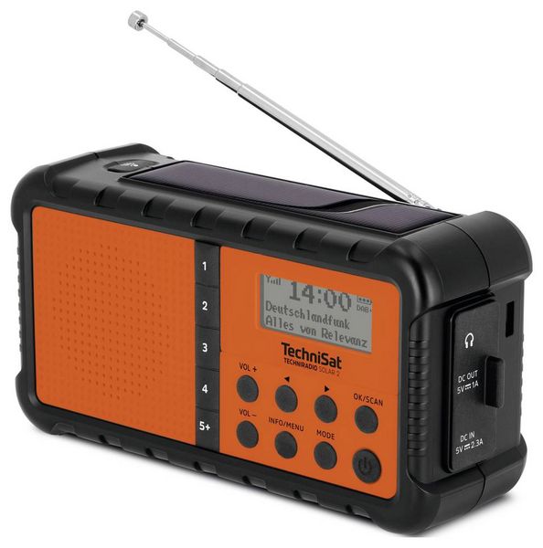 Produktbild: TechniSat TECHNIRADIO SOLAR 2 Tischradio DAB+, UKW USB Solarpanel, Handkurbel, Taschenlampe, wiederaufladbar, spritzwassergesch&uuml;tzt Orange-Schwarz