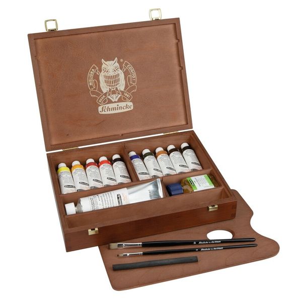 Produktbild: Schmincke Mussini &Ouml;lfarbe, Holzkasten, 10 x 35 ml Tuben + Zubeh&ouml;r
