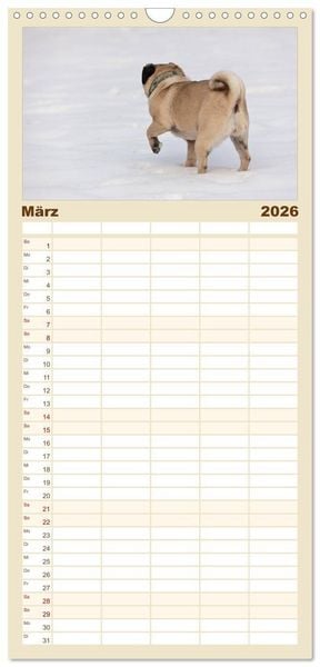 Produktbild: Familienplaner 2026 - Mops mit 5 Spalten (Wandkalender, 21 x 45 cm) CALVENDO