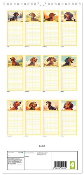 Produktbild: Familienplaner 2026 - Dackel mit 5 Spalten (Wandkalender, 21 x 45 cm) CALVENDO