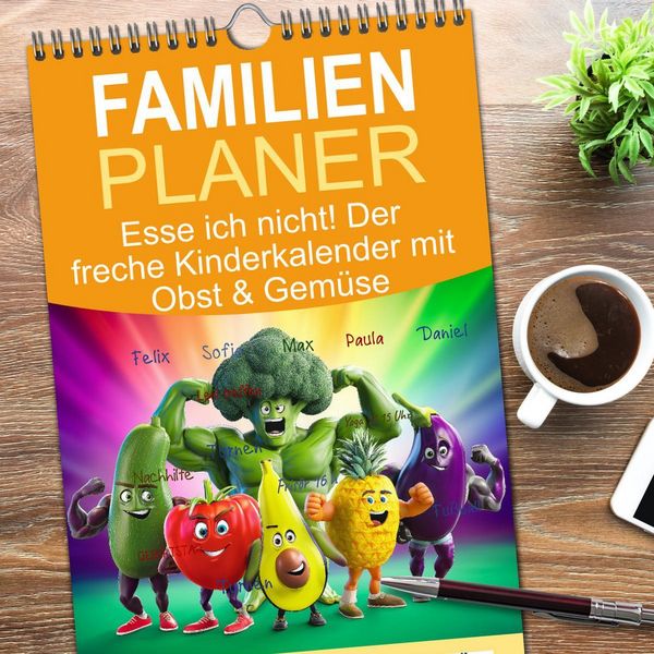 Produktbild: Familienplaner 2026 - Esse ich nicht! Der freche Kinderkalender mit Obst & Gem&uuml;se mit 5 Spalten (Wandkalender, 21 x 45 cm) CALVENDO