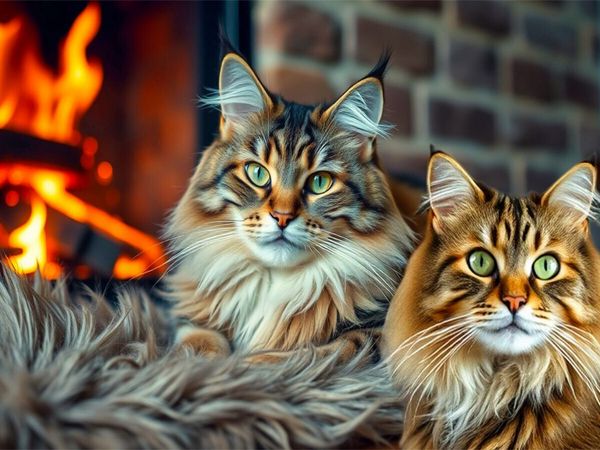 Produktbild: CALVENDO Puzzle Main Coons - Kuscheln am offenen Kamin | 1000 Teile Lege-Gr&ouml;&szlig;e 64x48cm Foto-Puzzle f&uuml;r gl&uuml;ckliche Stunden