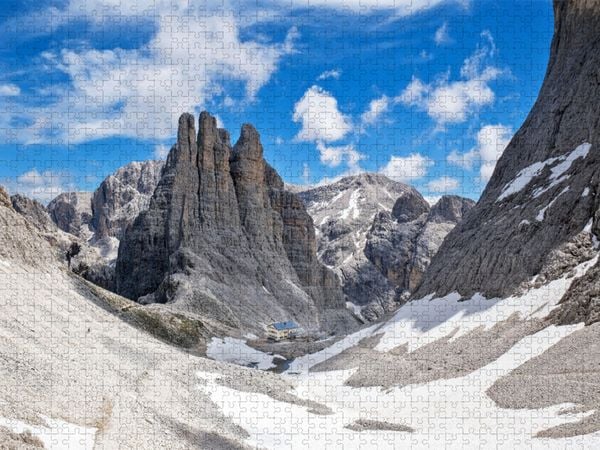 Produktbild: CALVENDO Puzzle Blick auf die Vajolet-T&uuml;rme (2790 - 2821 m), eine bizarre Felsformation im Zentrum der Rosengartengruppe. | 1000 Teile Lege-Gr&ouml;&szlig;e 64x4