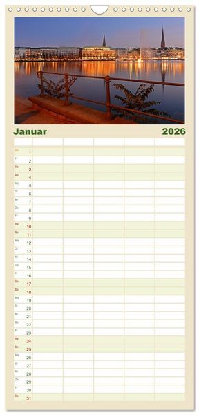 Produktbild: Familienplaner 2026 - Alsteransichten in Hamburg mit 5 Spalten (Wandkalender, 21 x 45 cm) CALVENDO