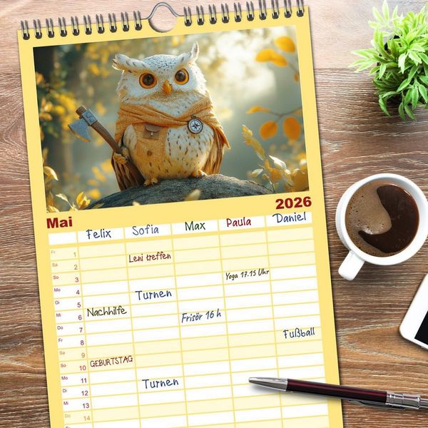 Produktbild: Familienplaner 2026 - Eulen im Wald - Die geheimen Jobs und Aufgaben mit 5 Spalten (Wandkalender, 21 x 45 cm) CALVENDO
