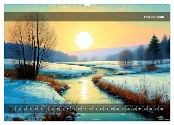 Produktbild: Verschneite Landschaft unter einer fahlen Wintersonne (hochwertiger Premium Wandkalender 2026 DIN A2 quer), Kunstdruck in Hochglanz